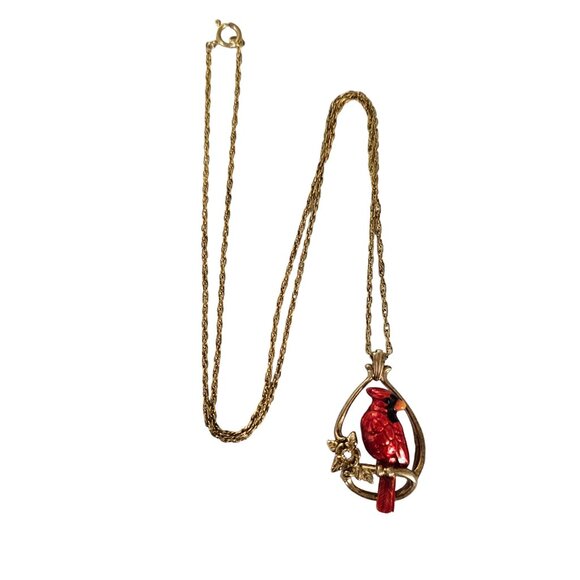 Sterling Silver Gold Vermeil Red Enamel Cardinal Clear CZ Necklace 18” Long L201 - Picture 1 of 10